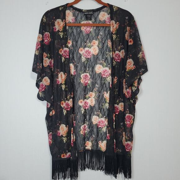 Wet Seal floral lace fringe hem open front kimono size M black festival boho - Picture 4 of 6